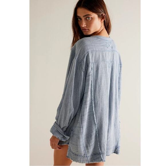 Free People Bohemian By The Shore Tunic Shirt in Indigo Stripe Size XL Coastal - Picture 3 of 11